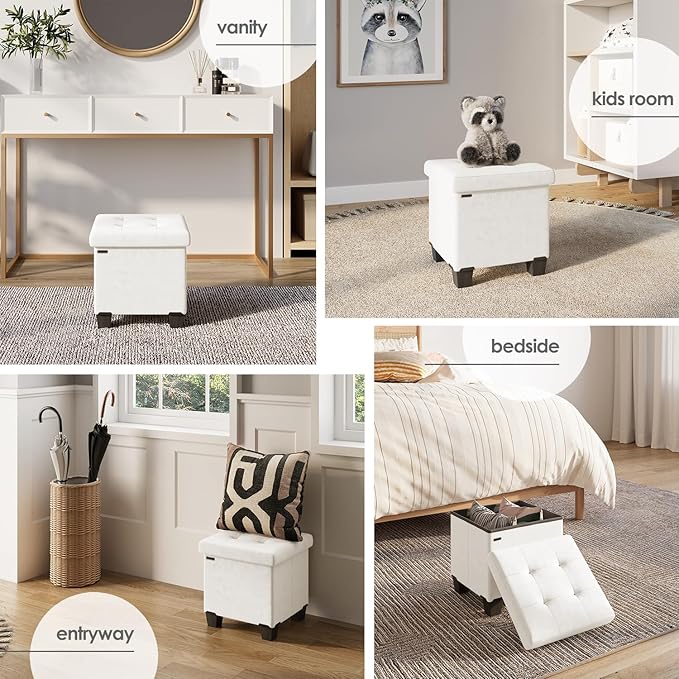 STORAGEBUD Storage Ottoman Cube with Small Bin, 15-in Square Ottoman with Storage for Living Room and Bedroom, Small Ottomans Foot Rest, Velvet Foot Stools Ottomans Max 330lbs, Cream