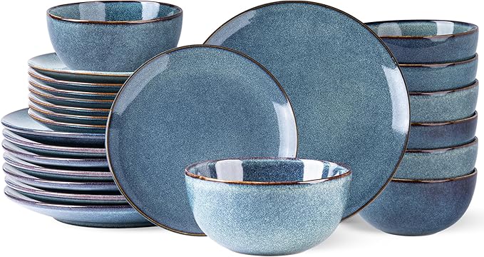 AmorArc Ceramic Dinnerware Sets for 8, 24 Pieces Handpainted Plates and Bowls Set, Scratch Resistant Stoneware Dishes Set, Dishwasher & Microwave Safe, Ceylon Blue