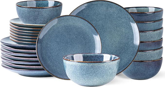 AmorArc Ceramic Dinnerware Sets for 8, 24 Pieces Handpainted Plates and Bowls Set, Scratch Resistant Stoneware Dishes Set, Dishwasher & Microwave Safe, Ceylon Blue