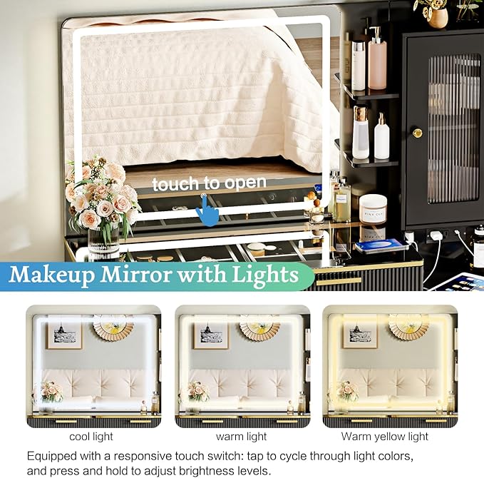 Vanity Desk with 29.53" HD Lighted Mirror, 47.24" Big Modern Vanity Desk with Mirror and Lights, Makeup Vanity with 5 Drawers and Storage Shelves and Charging Station, Black