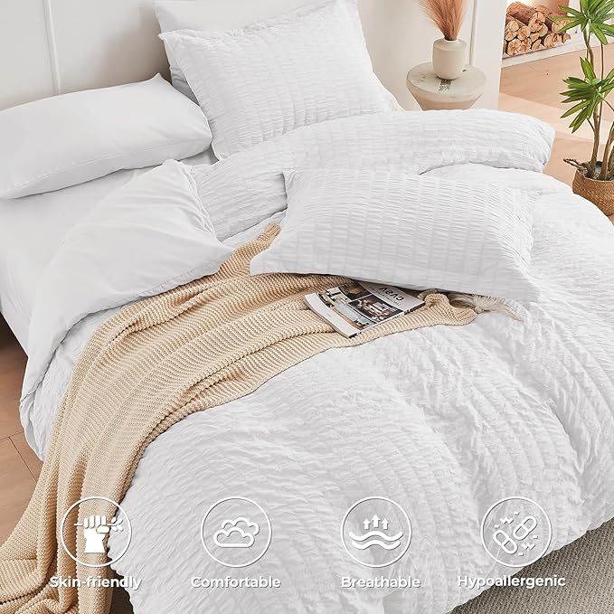 HYMOKEGE White Full Size Comforter Sets Seersucker 7 Pieces, All Season Luxury Bed in a Bag for Bedroom, Bedding Set with Comforters, Sheets, Pillowcases & Shams