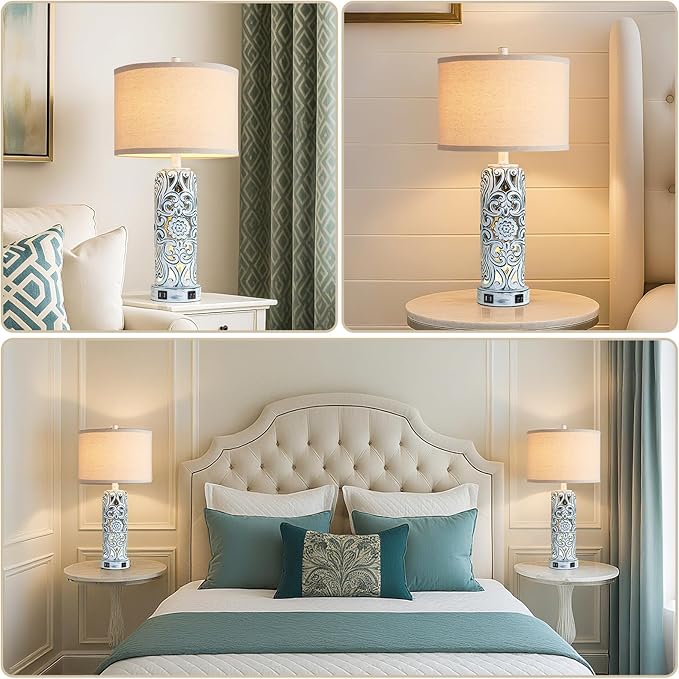 25'' Vintage Coastal Table Lamp Bedside Lamps Set of 2, Farmhouse Table Lamps with Dual USB Ports for Bedroom, Wash Blue Hollow Out Resin Lamp with Nightlight for End Table, 2 Bulbs Included