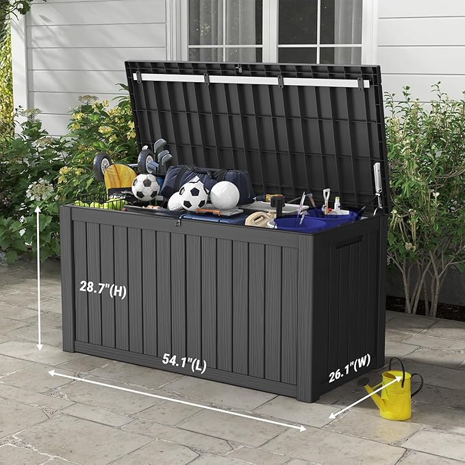 Mars Villa 150 Gallon Outdoor Storage Box Waterproof, Large Resin Deck Box for Outdoor Patio Furniture Cushions, Pool Supplies, Garden Tools, with Hydraulic Hinge, UV-Resistant and Weatherproof, Black