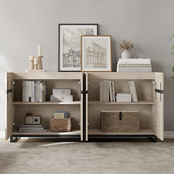 Wampat Modern TV Stand for 70 inch TVs, 2 in 1 Entertainment Center Console with Adjustable Shelves and Metal Base for Living Room, Bedroom, Light Oak