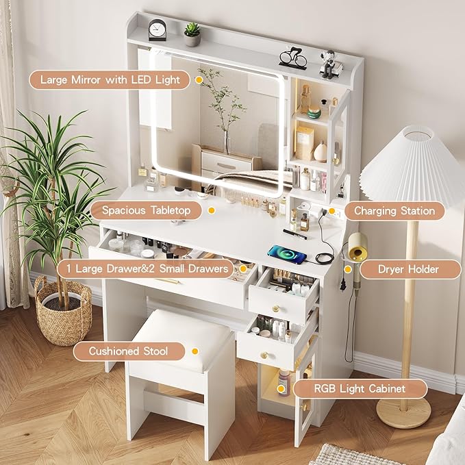 Vabches Makeup Vanity Desk with LED Mirror and Lights,Vanity Table Set with Charging Station,Dressing Table with RGB Cabinets,Bedroom Vanity for Women,Girls