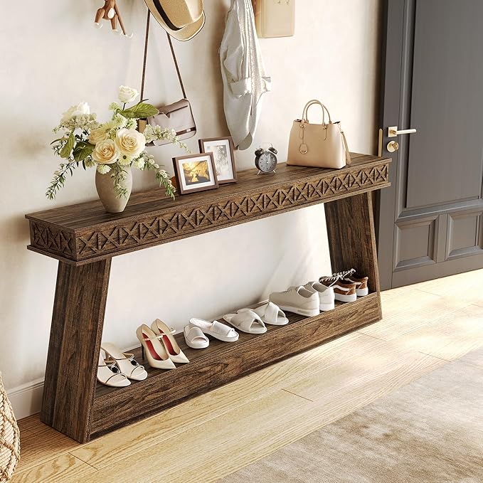 LITTLE TREE 70.87" Long Farmhouse Console Table, 2-Tier Shelf Narrow Accent Entryway Sofa Table for Living Room, Behind Couch, Hallway - Dark Brown