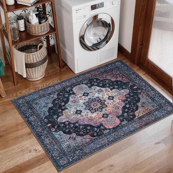 2x3 Entryway Rug, Vintage Rug with Non Slip Backing, Washable Rugs Low Pile Indoor Small Area Rug for Front Door Entrance Kitchen Bedroom Bathroom, Blue/Multi Retro Doormat Carpet