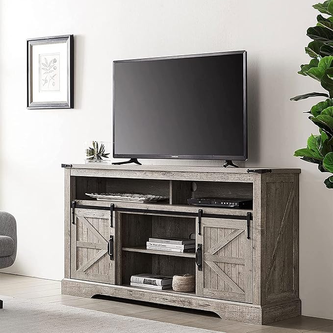 OKD Farmhouse TV Stand for 65+ Inch TV, 33" Tall Highboy Entertainment Center w/Sliding Barn Door, Rustic Media Console w/Storage Shelves, Wood Television Stand for Living Room, Light Rustic Oak