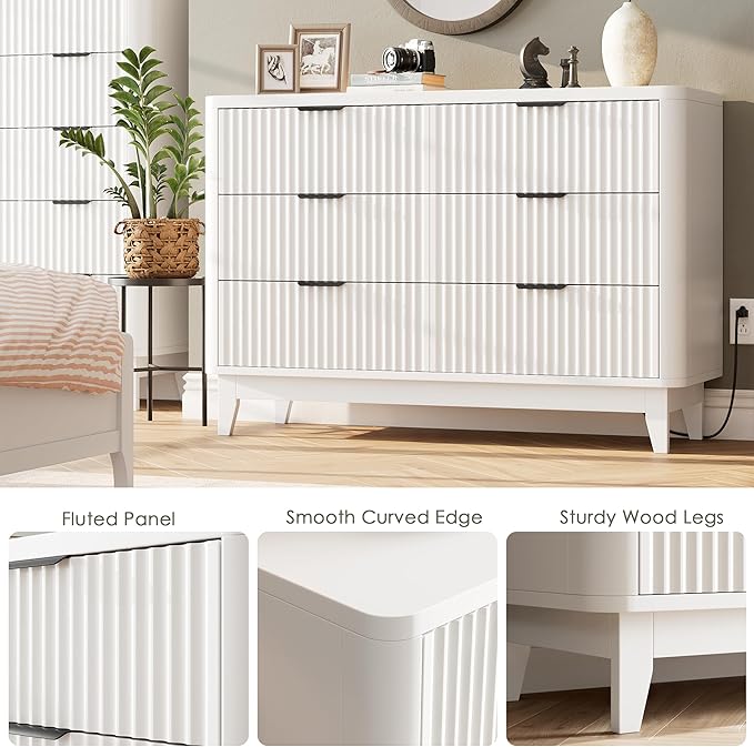HAIOOU Fluted 6 Drawer Dresser with Power Outlet, 47.2” Wide Modern Chest of Drawers, Curved Profile Design Wooden Dresser for Bedroom, Clothing Storage Organizer TV Stand for Closet - White