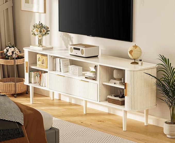 TV Stand 62.4 Inch Mid Century Modern Media Console Table with Drawer Sliding Tambour Door Farmhouse Sideboard Buffet Cabinet Fits TVs up to 75 inch Fluted Wood Entertainment Center(White)