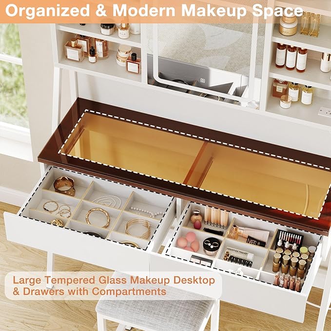 Vanity Desk with Mirror and Lights, 47inch Makeup Table with 3 Color Modes, Large Vanity Desk with Power Outlet, Light Strip, 2 Drawers, 8 Shelves, Cushioned Stool for Bedroom, White