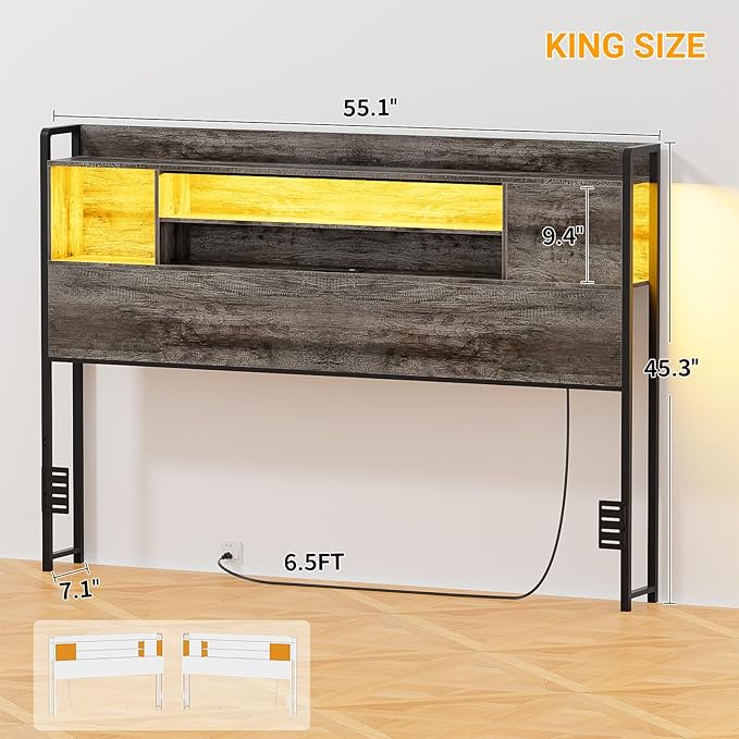 Unikito Headboard for Full Size Bed, Bookcase Style Head Board with Power Outlet and RGB LED Light, Reversible Headboard with Storage, Height Adjustable, Sturdy and Stable, Full Size, Black Oak