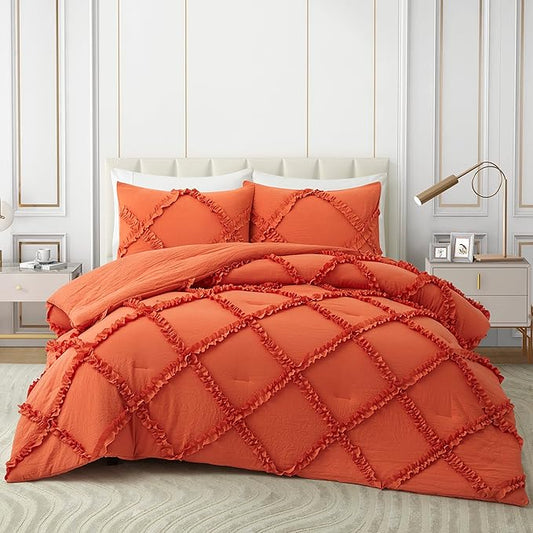 Bonlino King Comforter Set Soft Bedding - 3 Pcs Tufted Decor Fluffy Comforter Boho Bed in a Bag with Cute Lightweight Pillowcase for Dorm Farmhouse Bedroom Luxury Gift(Orange)