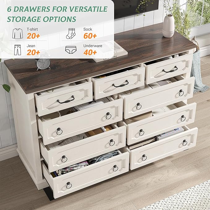 Maupvit 9 Drawer Dresser, 47" Wide Chest of Drawers for Bedroom, Farmhouse Dresser TV Stand with Large Drawers & Metal Handle, Wood Dressers for Living Room, Hallway, Entryway, Antique White