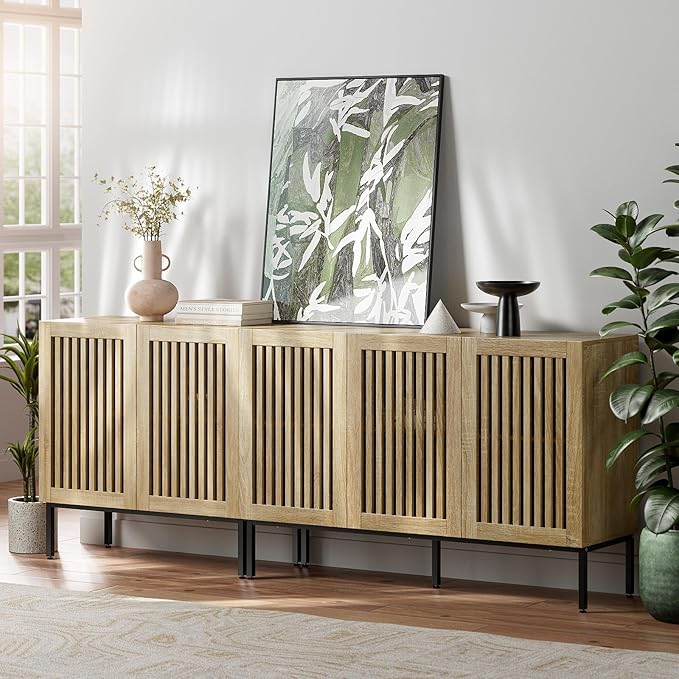 Farmhouse TV Stand for TVs up to 85 inch, 2 in 1 Entertainment Center TV Console with Storage Cabinets and Metal Base,Media Console for Living Room,Oak