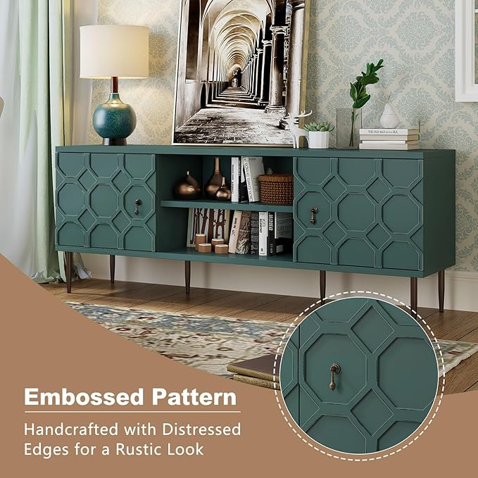 Modern TV Stand for 65/70inch TV, Entertainment Center with Storage Cabinet and Open Shelves, Embossed Pattern TV Stand, TV and Media Console for Living Room, Bedroom, Green