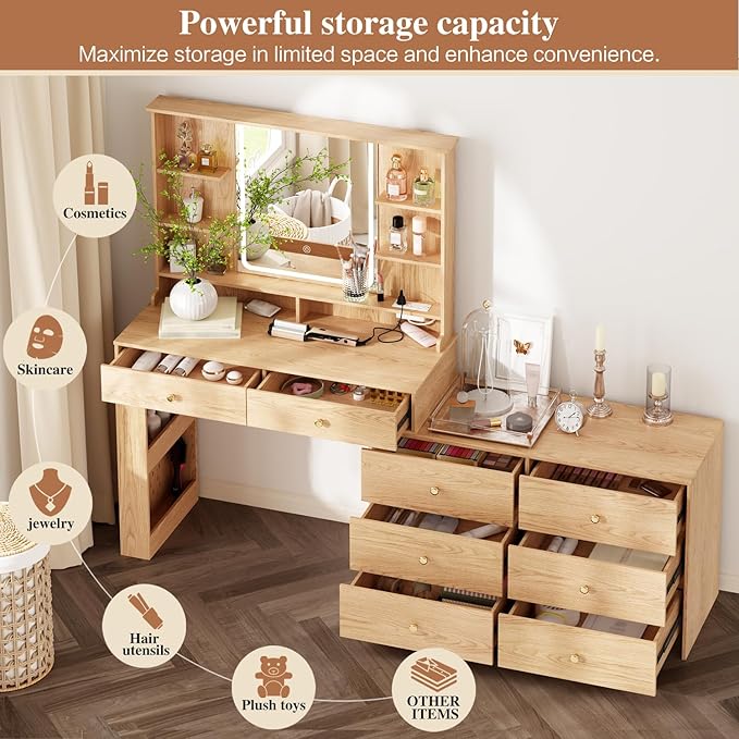 Large Makeup Vanity Desk with Mirror and Lights, Vanity Desk with 8 Drawers & Storage Shelves, Vanity Table with Power Outlet, 3 Color Modes & Adjustable Brightness Dressing Table, Bedroom,Oak