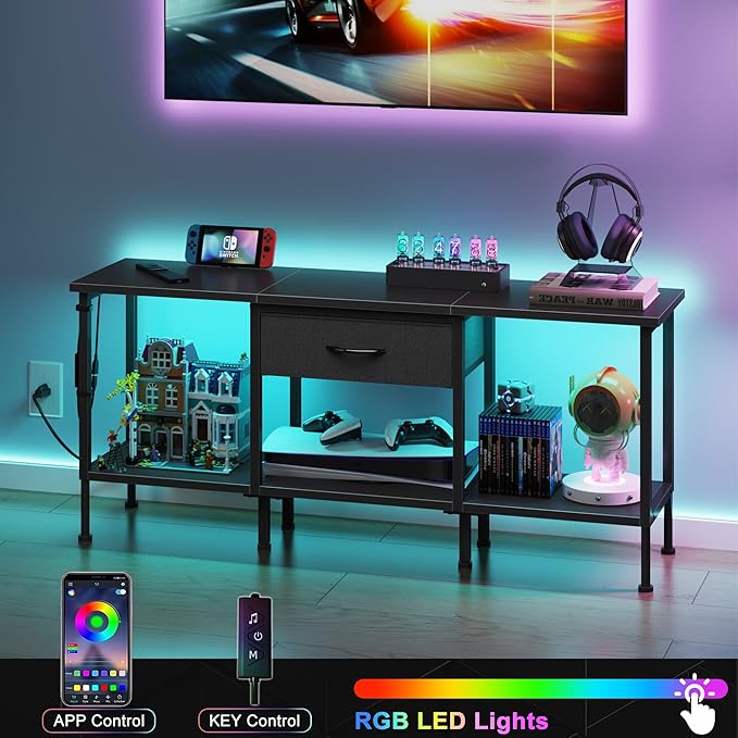 LED TV Stand with Power Outlet and Fabric Drawer for 55 50 45 Inches TV - Entertainment Center and Industrial TV Console Table for Living Room, Bedroom- 47" Black