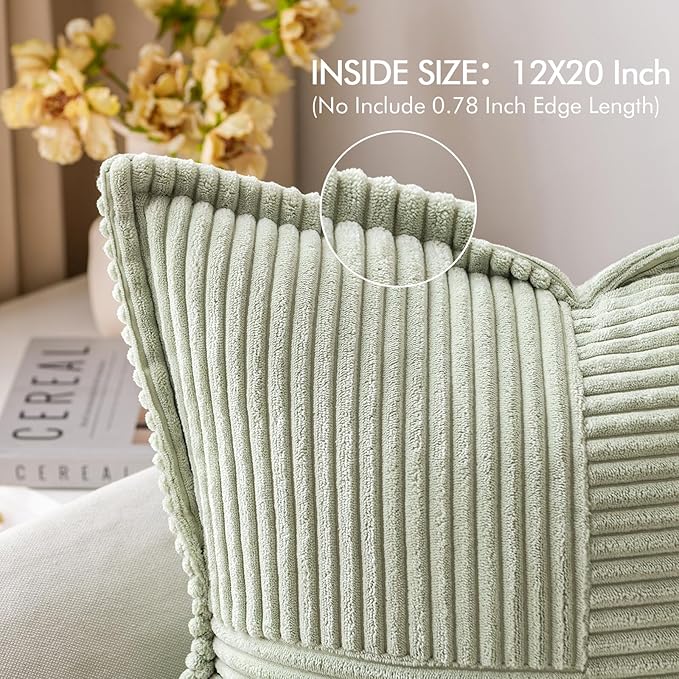 MIULEE Decorative Lumbar Throw Pillow Covers for Couch Bed Livingroom 12x20 Inch Set of 2 Light Green Boho Accent Throw Pllows Broadside Striped Patchwork Soft Corduroy Summer Pillowcases