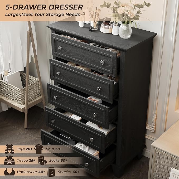 GAOMON Black 5 Drawer Dresser for Bedroom, 48" Tall Wood Dresser & Chests of Drawers with Deep Drawers, Modern Chest Organizer with Metal Handles for Living Room, Hallway, Entryway