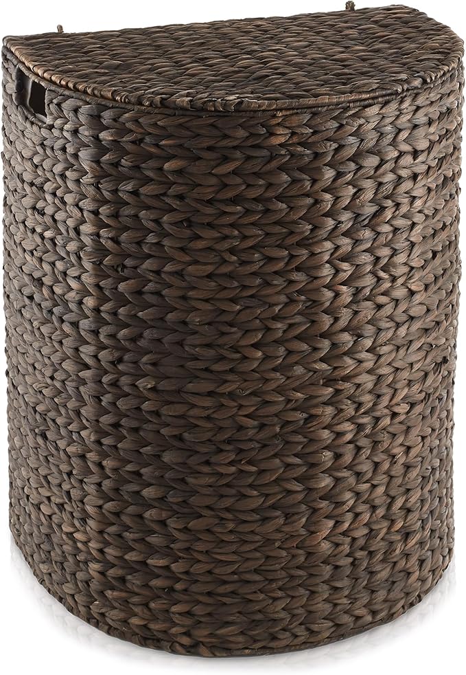 Casafield Half Moon Laundry Hamper with Lid and Removable Liner Bag - Espresso, Woven Water Hyacinth Laundry Basket for Clothes and Towels