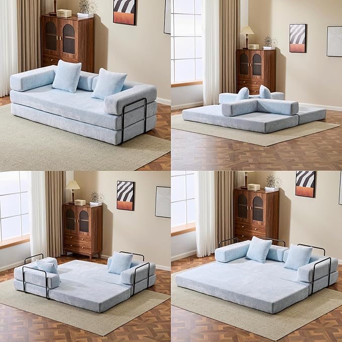 Convertible Sofa Bed, Compression Futon Sofa with Pillows & Armrest, Foldable Mattress Couch with Fixed-Shape Frame, Comfy Couch Lounge Sleeper Bed for Living Room Bedroom, Light Blue