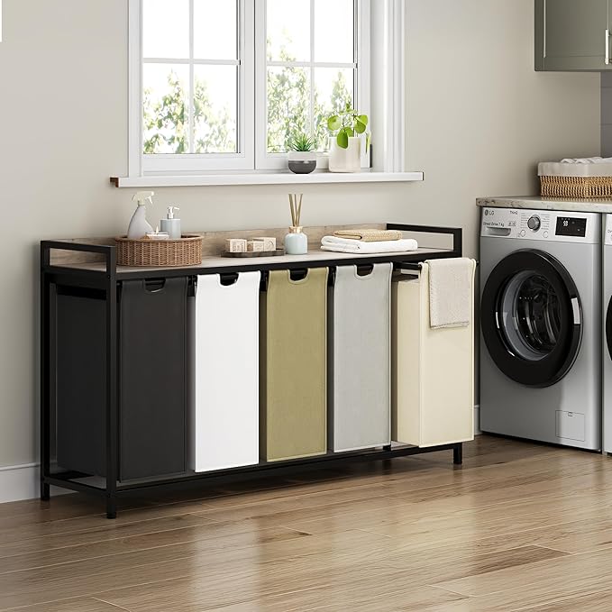 Laundry Hamper with Shelf, Laundry Basket 5 Section, Laundry Sorter with Pull-Out Removable Large 5 Color Bags and Movable Wheels, Metal Frame, 5 x 15.87 Gallons (60L), Greige PF08XLZ