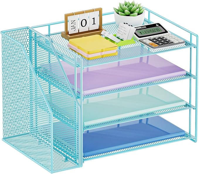 Marbrasse Desk Organizer and Accessories，4-Tier Paper Letter Tray Organizer with File Holder，Desk Accessories & Workspace Desktop Organizers for School Home Office Supplies (Blue)