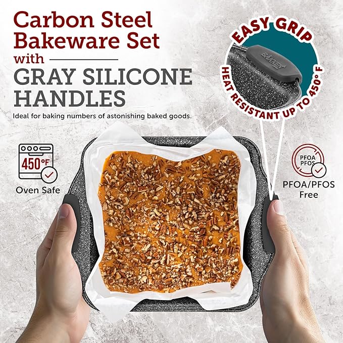 18-Piece Kitchen Oven Baking Set: Nonstick Gray Marble Coating, Carbon Steel Bakeware, Silicone Handles, Dishwasher Safe, Professional Quality, PFOA-Free