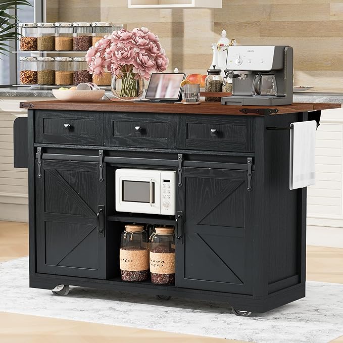 53.7" Farmhouse Kitchen Island with Power Outlet, Rolling Kitchen Island Cart On Wheels with Drop Leaf Countertop, Barn Door Kitchen Storage Island with Drop Leaf for Kitchen and Dining Room (Black)