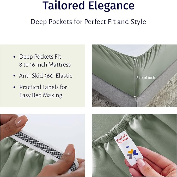 California Design Den Deep Pocket Queen Sheet Set - Certified 100% Egyptian Cotton, Crisp Percale Bed Sheets Queen Size Egyptian Cotton Set, Cool & Durable Luxury Bedding (Sage Mist- Gray Tone)