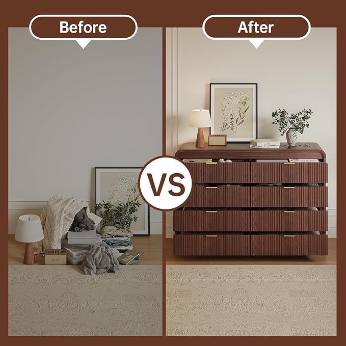 FURSUN Fluted 8 Drawers Dresser for Bedroom, 55" Wide Wooden Dresser with Metal Handle, Curved Profile Design, Modern Storage Organizer for Living Room, Hallway (Walnut)