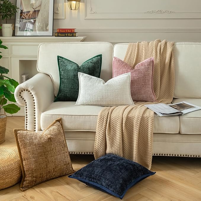 Yaertun Pack of 2 Chenille Textured Decorative Throw Pillow Covers Accent Solid Cushion Cover Soft Cozy Pillow Case with Velvet Back for Couch Sofa Bed Living Room 18x18 Inch Light Brown