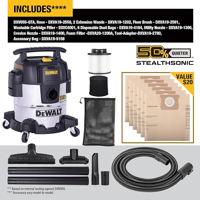 DEWALT 5 Gal Stealthsonic Shop Vacuum Wet and Dry, Ultra-Quiet Stainless Steel Shop Vac, 4 HP Heavy-Duty Vacuum Cleaner with Complete Accessory Kit and 6 Dust Bages for Home, Workshop, Garage, Car