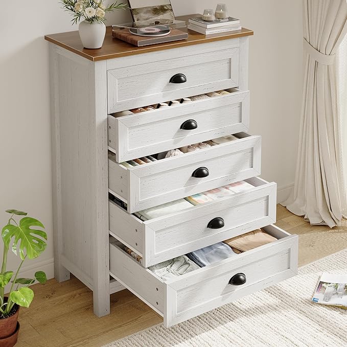 5 Drawer Dresser, Farmhouse Tall Dresser for Bedroom, Antique White Chest of Drawers, Modern Dressers for Bedroom, Closet
