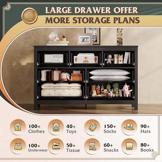 WLIVE Farmhouse Dresser for Bedroom, 51.18'' Wide 7 Drawer Wood Dresser, Black TV Stand for 65 inch TV, Wooden Chest of Drawers for Bedroom, Modern Clothes Organizer for Living Room, Hallway