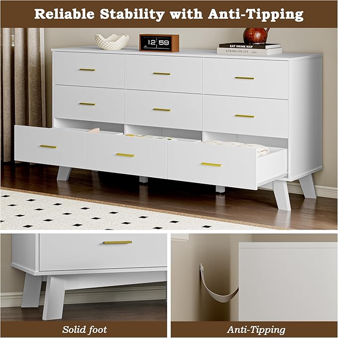 Dresser for Bedroom with 9-Drawer, 59" Wide Modern Chest of Drawers with Metal Handles, X-Shape Base & Adjustable Center Leg, Anti-Tip Closet Organizers and Storage