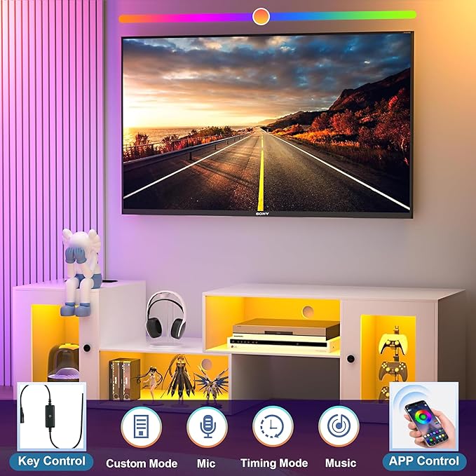 VECELO LED TV Stand for Televisions up to 70 Inchs Modern Entertainment Center with Storage, Media Console with 23 Flashing Options and 4 Customizable Modes for Living Room, Bedroom