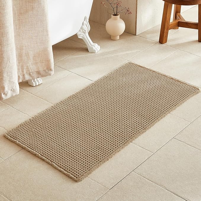 Waffle Bath Mat, Boho Bathroom Rugs Non Slip Washable Super Absorbent Quick Dry Farmhouse Bathroom Decor, 48"x24" Khaki
