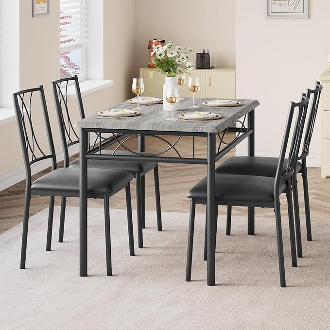 Dining Table Set for 4, Compact Kitchen Table with 4 Upholstered Chairs, 5-Piece Kitchen Table Set for Small Space, Dining Room, Apartment, Retro Gary