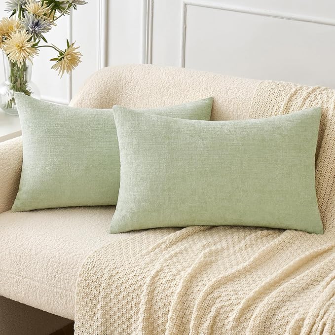 MIULEE Pack of 2 Spring Light Green Couch Throw Pillow Covers 12x20 Inch Soft Chenille Pillow Covers for Sofa Living Room Solid Dyed Pillow Cases