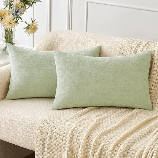 MIULEE Pack of 2 Spring Light Green Couch Throw Pillow Covers 12x20 Inch Soft Chenille Pillow Covers for Sofa Living Room Solid Dyed Pillow Cases