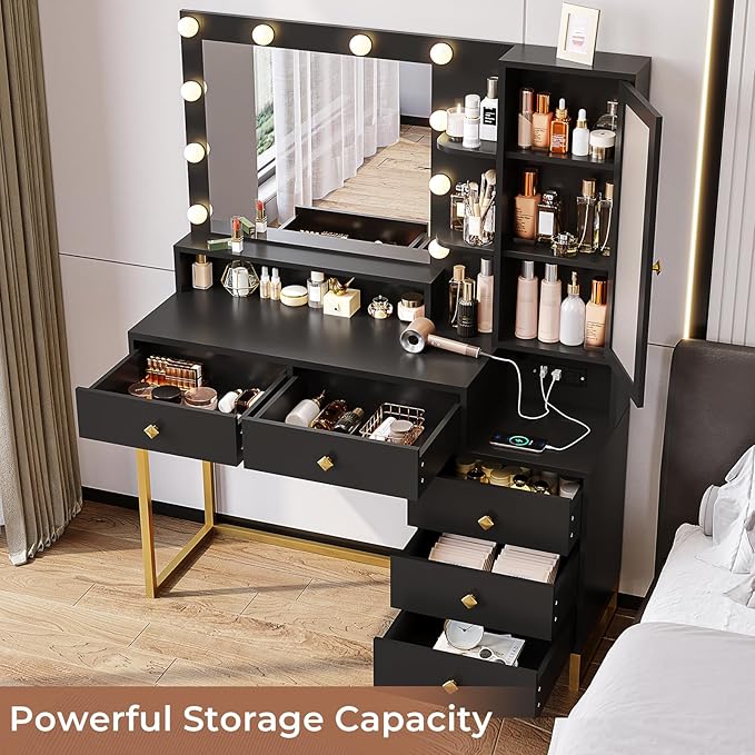 Tiptiper Large Makeup Vanity with Lights, Vanity Table with Charging Station Vanity Desk with Mirror and 10 LED Light Bulbs, Makeup Table with 5 Drawers, Nightstand and Storage Shelves, Black & Gold