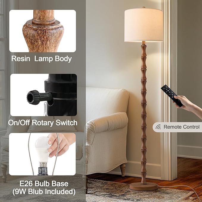 BOBOMOMO 62" Rustic Farmhouse Floor Lamp with Remote & Dimmable 9W Bulb, 3 Color Temperatures Tall Resin Standing Lamp, Retro Floor Lamp for Living Room, Bedroom, Office, Nursery, Reading Nock