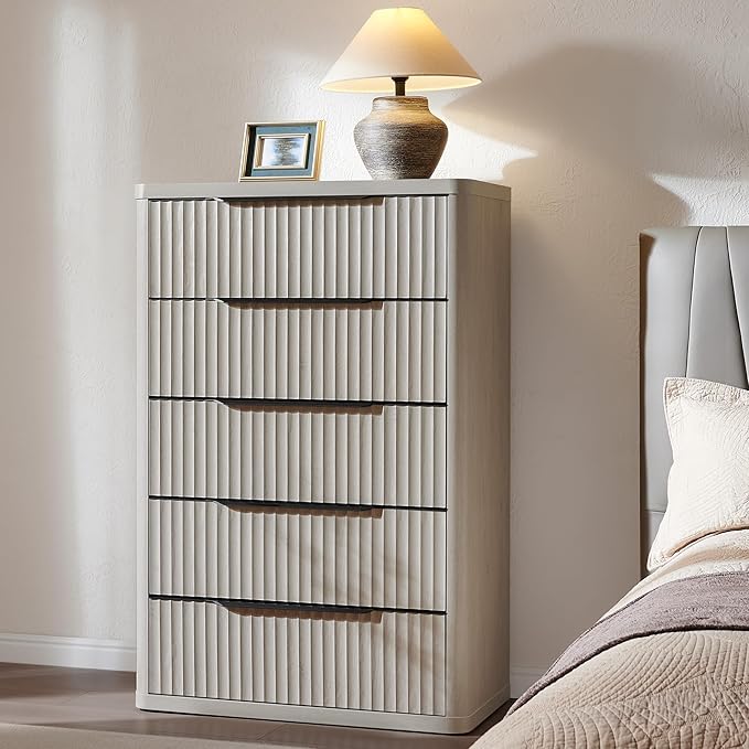 SICOTAS Dresser for Bedroom - Tall Dressers & Chests of Drawers with 5 Drawers Large Modern Dresser for Closet Fluted Wide TV Stand Clothes Closet Storage for Bedroom Hallway Entryway, White Alder