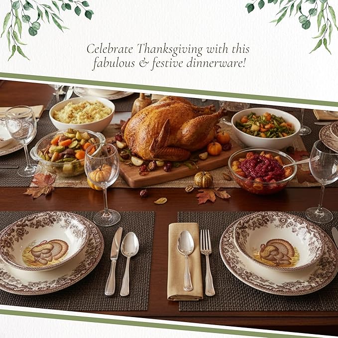 Spode Woodland Thanksgiving Turkey 8" Ascot Cereal Bowl - Classic Holiday Tableware, Salad, Dessert, Nut Bowl with British Flowers Border, Fine Earthenware - Microwave, Oven, Freezer, Dishwasher Safe