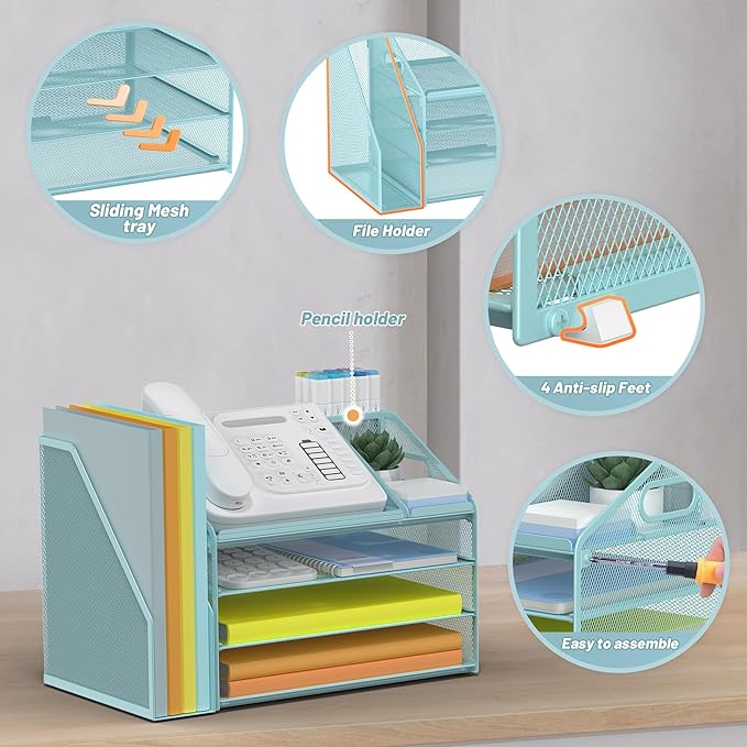 DocNest 4 Tier Paper Letter Tray File Organizer, Mesh Desk File with Handle, Workspace Desk Organizers with Pen Holder, Office Organization Storage Accessories - Blue