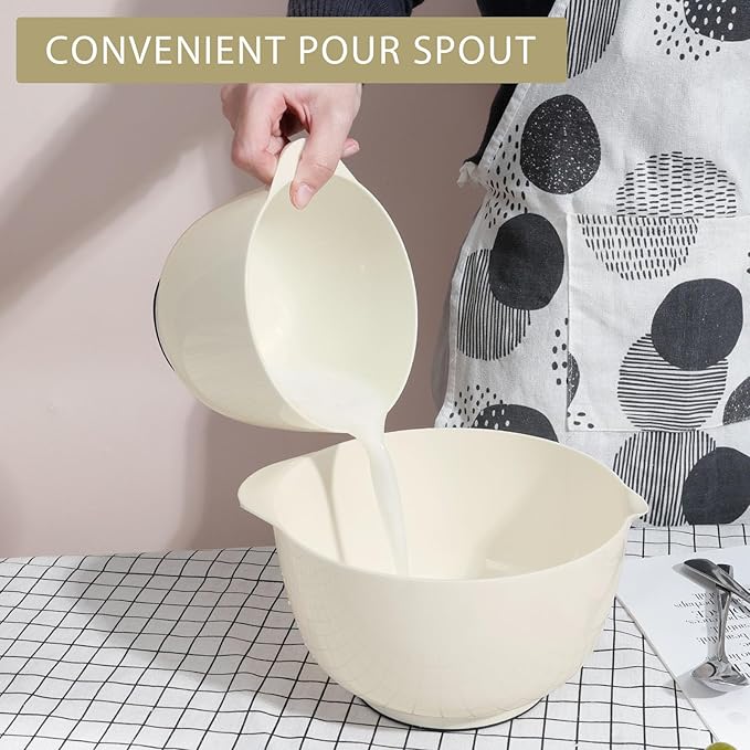 BoxedHome 4 Quart Large Plastic Mixing Bowls, Microwave Safe Mixing Bowl Set with Pour Spout, Nesting Bowls for Space Saving Storage(Beige)