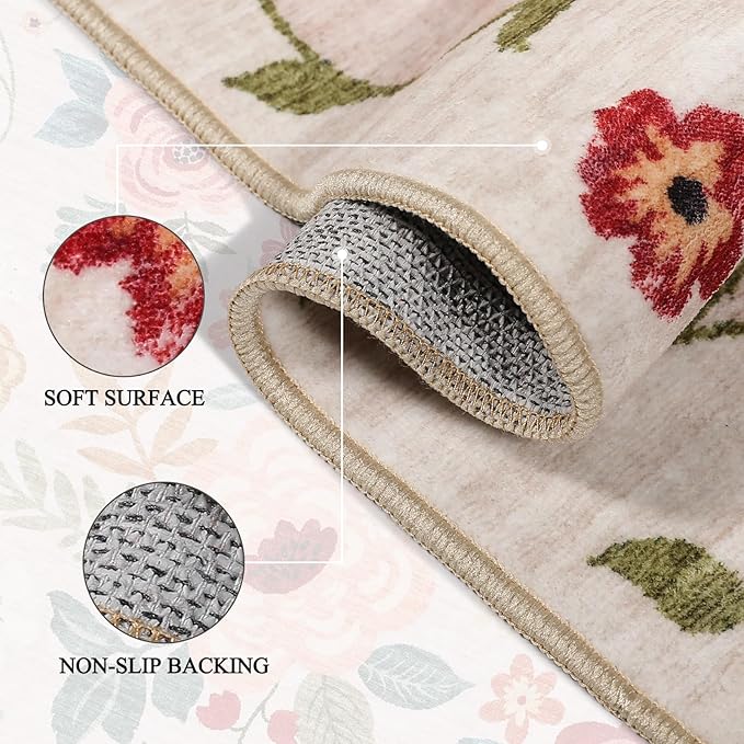 DUKINO 2x4 Rug for Entryway, Washable Kitchen Floral Runner Rug with Non Slip Backing, Low Pile Soft Boho Carpet for Kitchen, Hallway, Entryway, Laundry, Bedroom, Beige