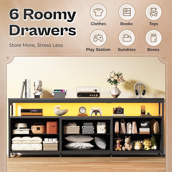 Huuger 63 Inch TV Stand for 55, 65, 70 Inch TV, Long Dresser TV Stand for Bedroom, Black LED TV Stand with Power Outlets, Fabric Drawer Dresser with Storage, Entertainment Center for Living Room